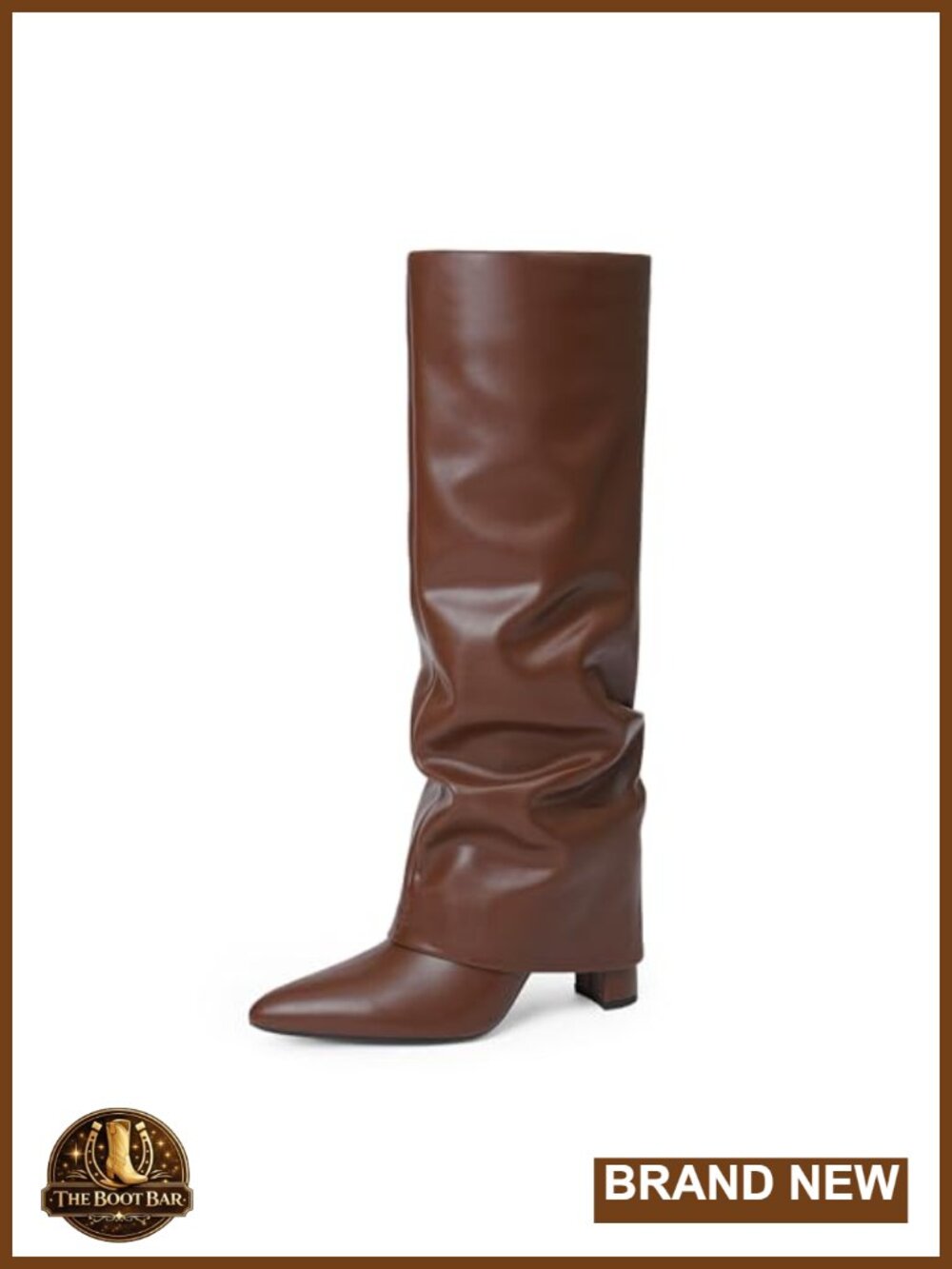 Faux Leather Knee High Boots Chunky Heel Pointed Toe Fold Over Tall Boots